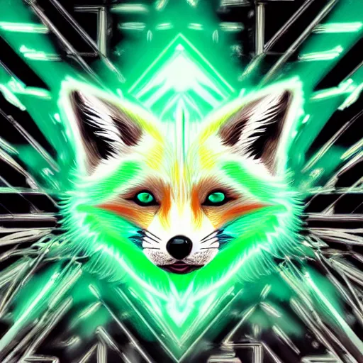 Image similar to digital green and white fox, retrowave palette, digital world, highly detailed, electric breeze, anatomically correct vulpine, synth feel, fluffy face, ear floof, flowing fur, super realism, accurate animal imagery, 4 k digital art