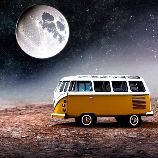 Image similar to realistic sci - fi high detailed photo of vw bus in moon crater