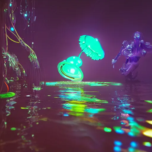 Image similar to cyberpunk jellyfish, with neon Bioluminescence, in deep ocean, above a coral reef, cinematic lighting, ultra detail, photo realistic, octane render