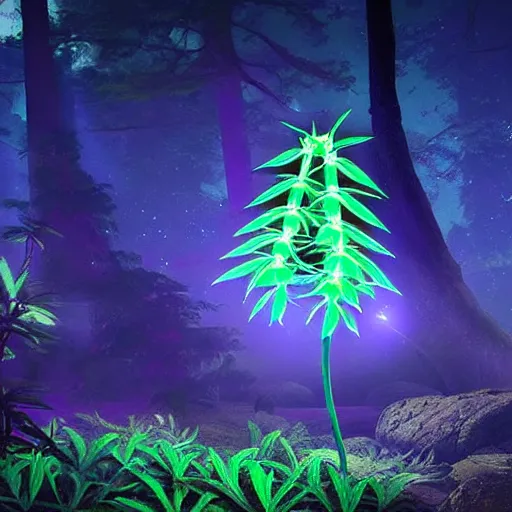 Image similar to a bioluminescence cannabis plant in a mystical high fantasy forest. volumetric light. moonlight. midnight.