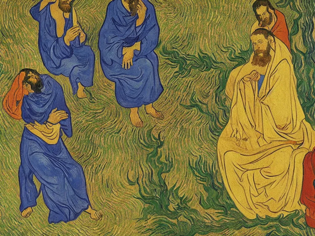 Image similar to Jesus meets Buddha under a giant leaf. Torrential rain. Painting by Vincent van Gogh, Andrei Rublev