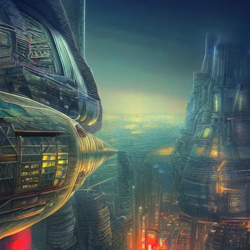 Prompt: realistic extremely detailed photo style portrait painting of an airship over a futuristic city, moebius, brom, ian miller, moody, neon, vibrant colors, octane render, 4k