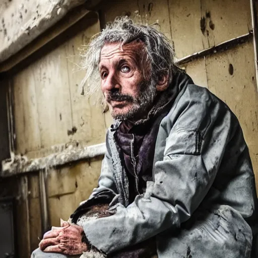 Prompt: A feral and dishevelled doctor in his natural habitat. He is in his forties and wearing a dirty worn out doctor\'s coat. 4K, National Geographic photograph