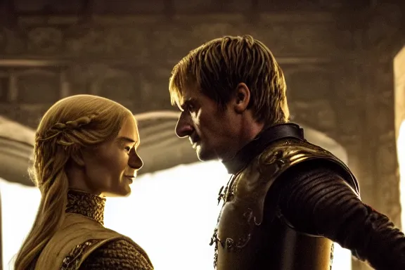 Image similar to very very intricate photorealistic photo of jaime lannister fighting cersei, photo is in focus with detailed atmospheric lighting, award - winning details