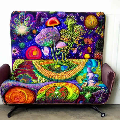 Image similar to psychedelic trippy couch in forest, planets, flowers, mushrooms milky way, sofa, cartoon by giuseppe arcimboldo