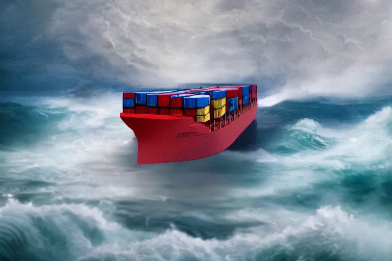 Image similar to container ship in a storm, in the style of vernon grant and chris van allsburg, raging stormy sea, trending on artstation, bright tilt - shift camcorder effect, photoshop, retrowave, hyperrealism, octane, sharp focus, masterpiece