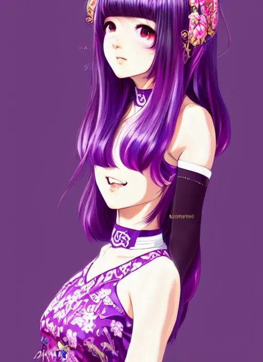 Image similar to full body illustration of an ulzzang korean girl purple hair with hime cut bangs, head slightly tilted, wearing an ornate cheongsam, ilya kuvshinov, anime, pixiv top monthly, trending on artstation, cinematic, danbooru, zerochan art, kyoto animation