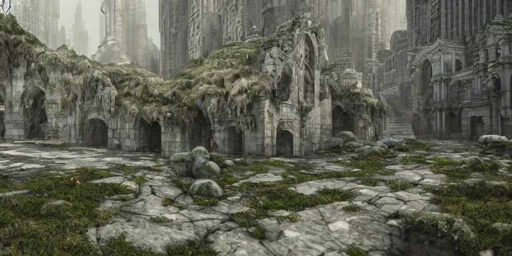 Image similar to a beautiful realistic detailed city carved in a stone, surrounded by mold and moss, photorealistic, octane render, volumetric lighting,
