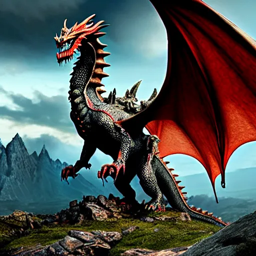 Image similar to giant dragon standing on a mountain, highly detailed, 4 k, hdr, award - winning, directed by zack snyder