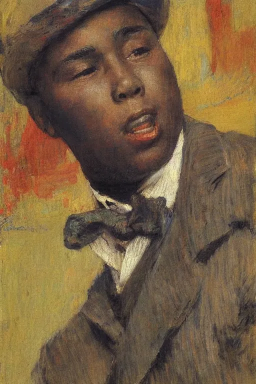 Prompt: charlie parker playing, colorful painting, by jules bastien - lepage, nikolay makovsky, 1 / 4 - headshot