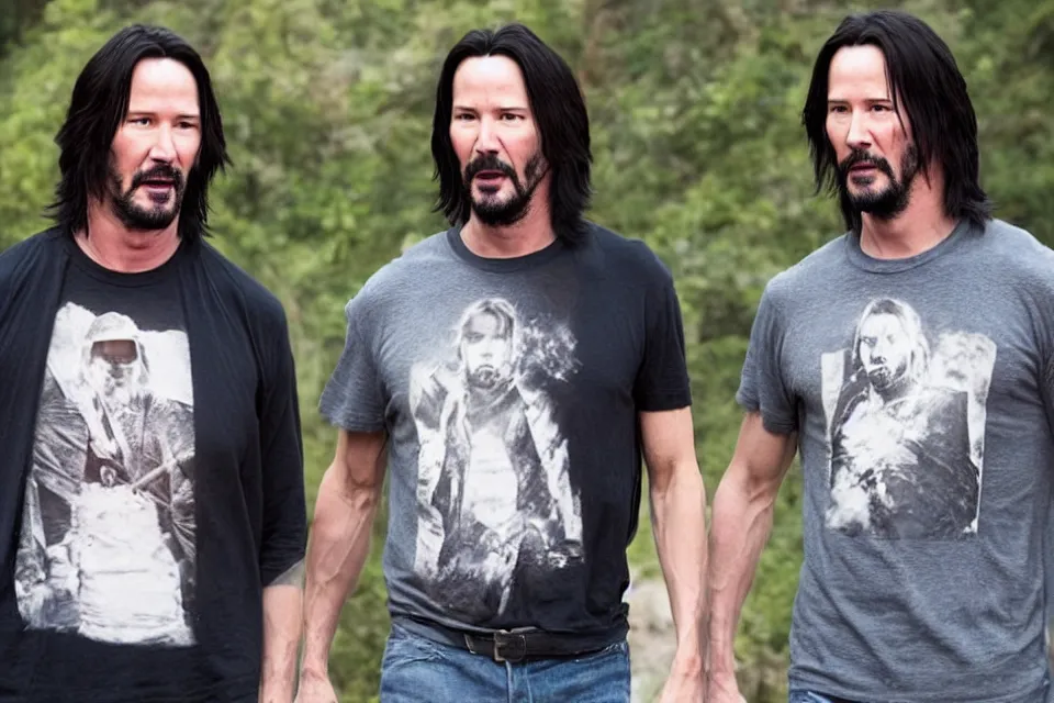 Image similar to film still of keanu reeves holding a t - shirt with keanu reeves on the sleeves in the new fantasy movie