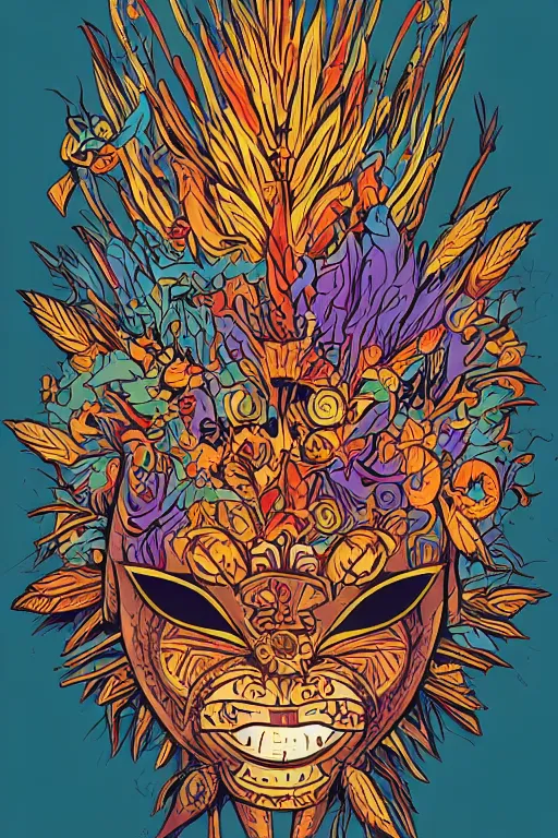 Image similar to animal mask totem roots flower tribal feather gemstone plant wood rock shaman vodoo video game vector cutout illustration vivid multicolor borderlands comics by josan gonzales and dan mumford radiating a glowing aura