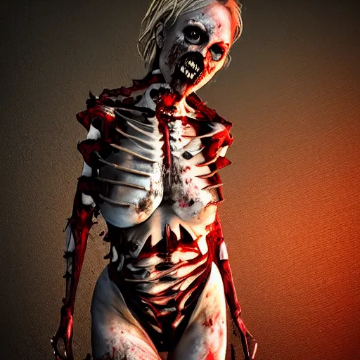 Image similar to angry zombie female in swim - suit, full body portrait, perfect body, rib cage open, horror core, apocalyptic, feeling of grimdark, sharp focus, fiction, hyper detailed, digital art, trending in artstation, cinematic lighting, studio quality, smooth render, unreal engine 5 rendered, octane rendered, art style and nixeu and wlop and krenz cushart