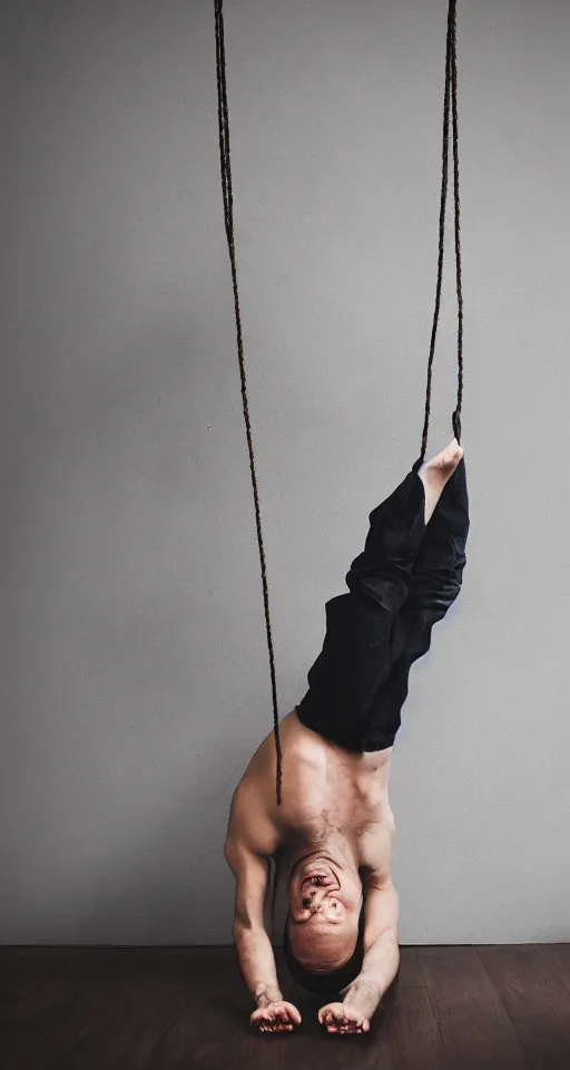 Prompt: a man hanging by his feet upside down peacefully,