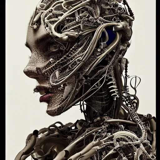 Image similar to a female model by stefan geselle and nekro borja, photorealistic, biomechanical, intricate details, hyper realistic, mechanical, wires, cables headpiece, dark beauty, photorealistic, canon r 3, photography, wide shot, photography, dark beauty, symmetrical features