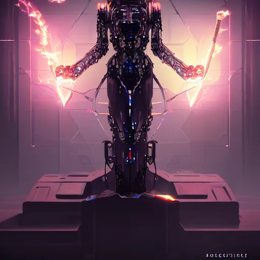 Image similar to an evil cybernetic magician releasing earth spell, cyberpunk concept art, trending on artstation, highly detailed, intricate, sharp focus, digital art, 8 k