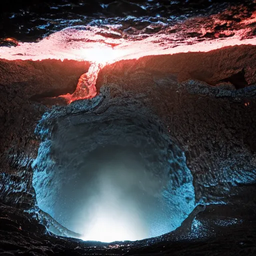 Image similar to head of neco - ark emerges from a lava lake, cave background, high detail, lava reflections, cave reflecting in the lava lake, dramatic shot