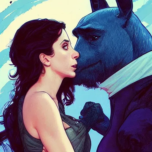 Prompt: young alison brie kissing bojack horseman, painted by artgerm and greg rutkowski and alphonse mucha. clear highly detailed face, beautiful sci fi art,
