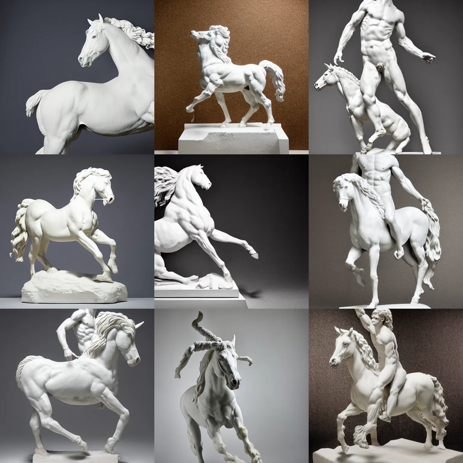 Prompt: studio photo of a white greek statue of a centaur, human horse chimera hybrid, centaur, chiron