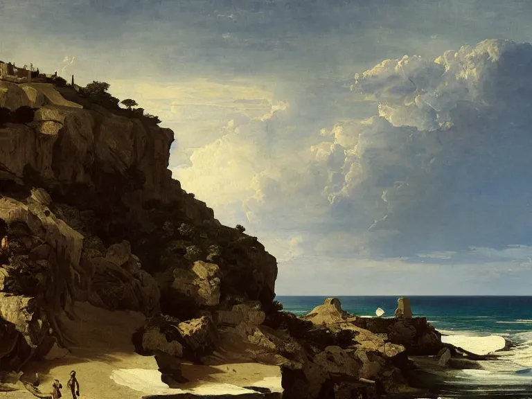 Image similar to an oil painting of a coastline with white cliffs and a calm ocean vista by moebius carl spitzweg and tuomas korpi. baroque elements, full-length view. baroque element. intricate artwork by caravaggio. Trending on artstation. 8k