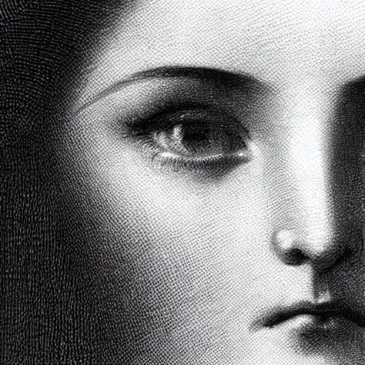 Image similar to extreme close-up, portrait of a young french woman from modern days, Gustave Dore lithography