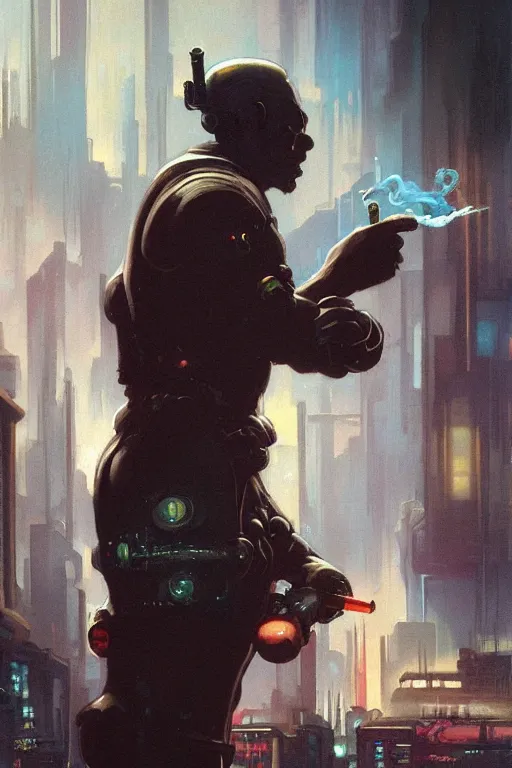 Prompt: An android smoking a cigar in a cyberpunk city, by Frank Frazetta, Trending on Artstation, highly detailed,