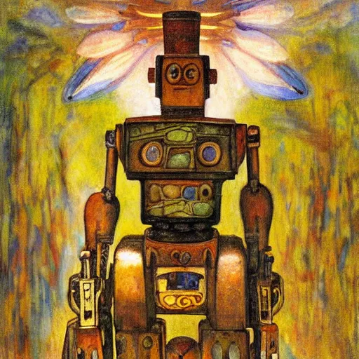 Image similar to the robot on the forest throne, by Annie Swynnerton and Diego Rivera, symbolist, dramatic lighting, elaborate geometric ornament, Art Brut ,god rays, soft cool colors,smooth, sharp focus, extremely detailed, Adolf Wölfli