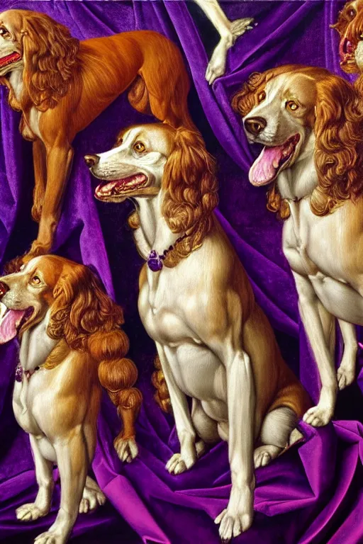 Prompt: Cerberus is member of the English royal family, Background is a curtain of purple Velvet, oil painting, hyper detailed, hyper realistic, by Botticelli, portrait