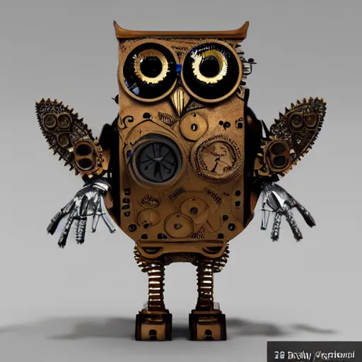 Image similar to 3D render of highely detailed steampunk mechanical owl robot