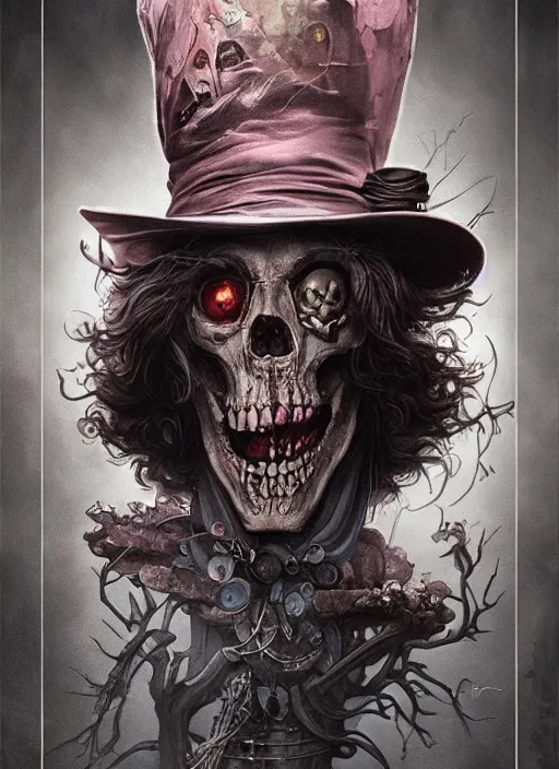 Image similar to mad hatter the magician tarot card, highly detailed, half skull face, cinematic, 8 k, by stanley artgermm, tom bagshaw, greg rutkowski, carne griffiths, ayami kojima, beksinski, giger, trending on deviantart, hyper detailed, horror, full of colour