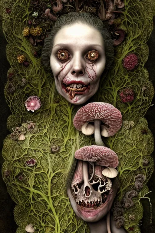Image similar to sad and detailed rotten woman corpse with fractal plants and fractal flowers and mushrooms growing around, face muscles, veins, arteries, intricate, ornate, surreal, ray caesar, john constable, guy denning, dan hillier