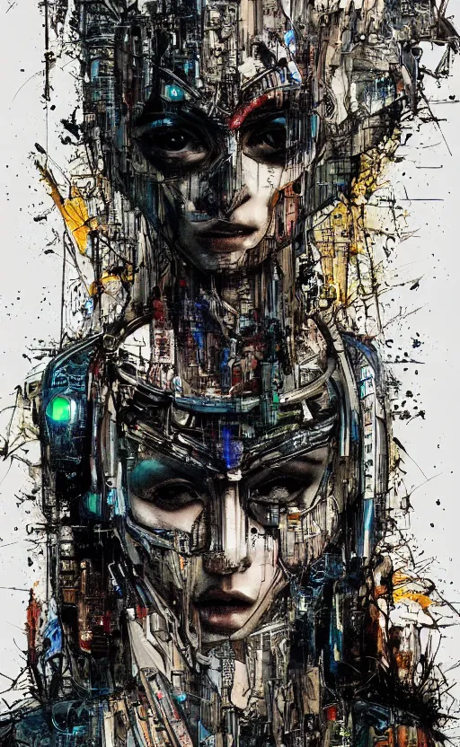 Image similar to woman wearing gown made of mech mask rendered in unreal engine, cyberpunk, rave, scifi, painted by albrecht durer | bernard buffet | carne griffiths | wlop