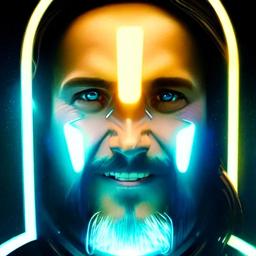 Image similar to tron legacy jesus, face closeup, laughing, diffuse lighting, hyper realistic, concept art, intricate, hyper detailed, smooth, sharp focus, illustration, trending on artstation, art by greg rutkowski and james gurney and alphonse mucha