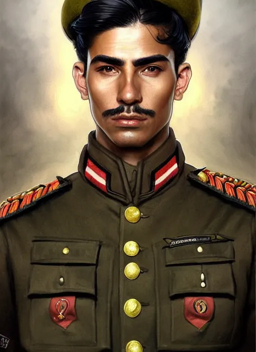 Prompt: portrait of stoic looking very handsome peruvian soldier, military uniform, black hair, thick eyebrows, fantasy, intricate, elegant, highly detailed, centered, dark, smokey, digital painting, artstation, concept art, smooth, sharp focus, illustration, art by artgerm and greg rutkowski and alphonse mucha