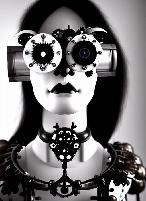 Image similar to 1 9 3 0 black and white dreamy foggy gothic masterpiece profile face portrait, one steampunk eye biomechanical beautiful young female cyborg - robot, body ribs meshes, big monocular, volumetric light, hibiscus flowers, by hg giger, rim light, big gothic fashion pearl embroidered collar, 8 k