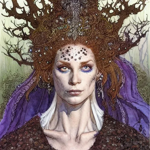 Image similar to a realistic and atmospheric watercolour fantasy character concept art portrait of a freckled incredibly beautiful woman in 8 0 s haute couture fashion clothes as a druidic warrior wizard looking at the camera with an intelligent gaze by rebecca guay, michael kaluta, charles vess and jean moebius giraud