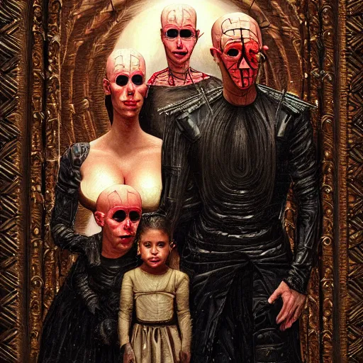 Image similar to Family portrait of Kim Kardashian and her husband pinhead from 'Hellraiser!'. with their 3 children. illustration, highly detailed by Greg Rutkowski