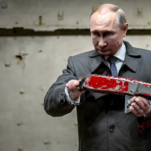 Image similar to putin with a chainsaw. in a concrete bunker with a pile of corpses. focus on putins face with blood splatters. canon eos r 3, f / 1. 4, iso 1 6 0 0, 1 / 8 0 s, 8 k, raw, grainy