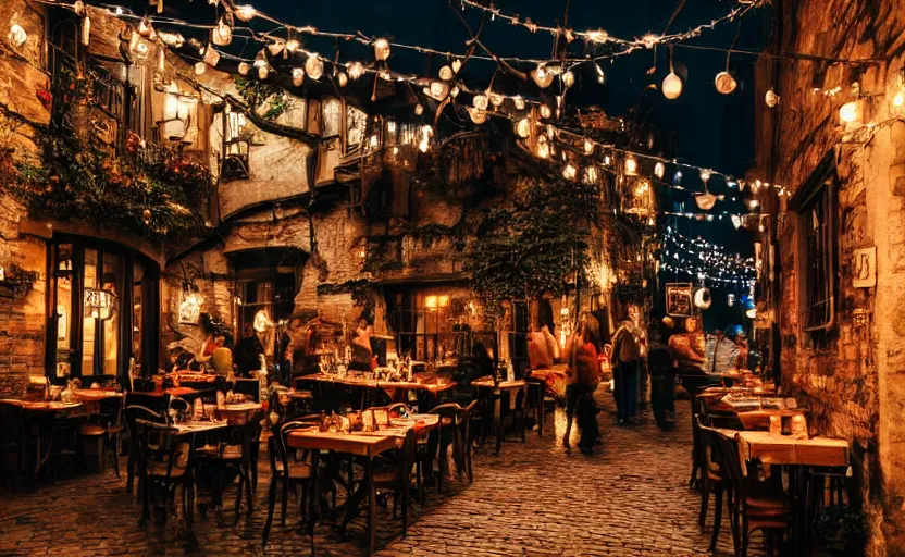 Prompt: medieval tavern, cafe with elves on a date, alleyway, ambient, atmospheric, british, cozy, bokeh, romantic, colorful lanterns