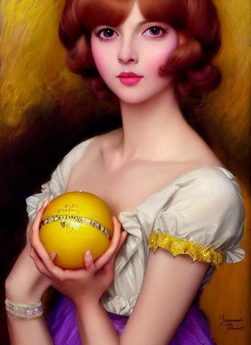 Image similar to princess peach, brown hair, bob cut, yellow highlights, bright purple ball gown, beautiful face, oil on canvas, art station, beautiful brown eyes, by j. c. leyendecker and edmund blair leighton and charlie bowater, beautiful face, octane, very aesthetic, stunning beautiful brown eyes