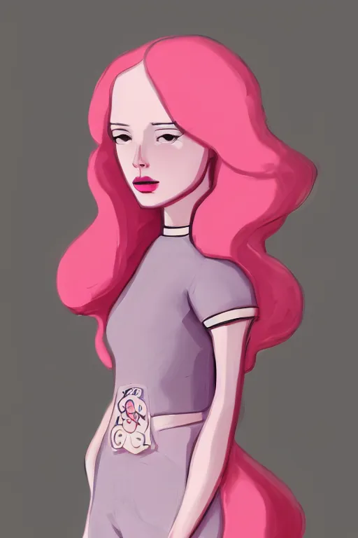 Image similar to a portrait of humanization of princess bubblegum from adventure time, grim - lighting, high - contrast, intricate, elegant, highly detailed, digital painting, artstation, concept art, smooth, sharp focus, illustration