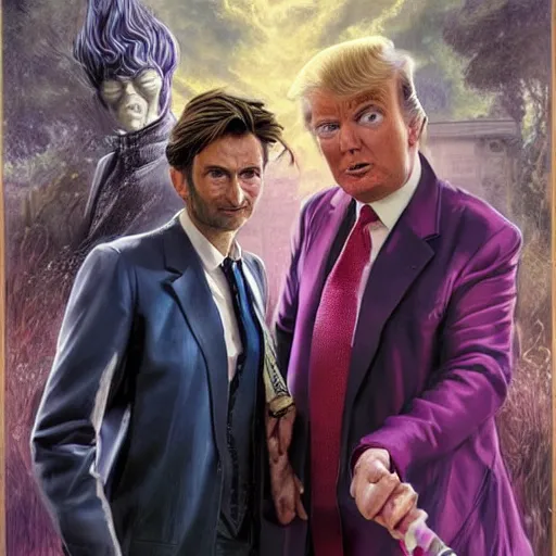 Image similar to david tennant and donald trump in pink clothes with the tenth doctor who, highly detailed, artstation, concept art, fantasy, smooth, sharp focus, illustration, perfect face, art by nikolay makovsky, jacek malczewski, arthur hughes, edward okun, franz xaver winterhalter