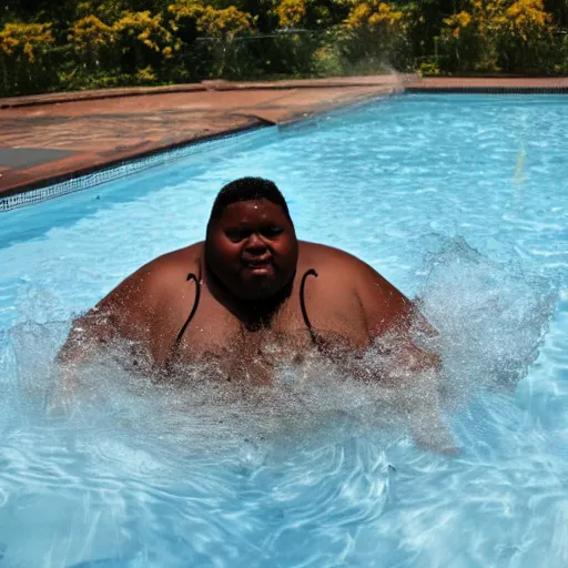 Image similar to fat black person in an empty pool, water splashed everywhere