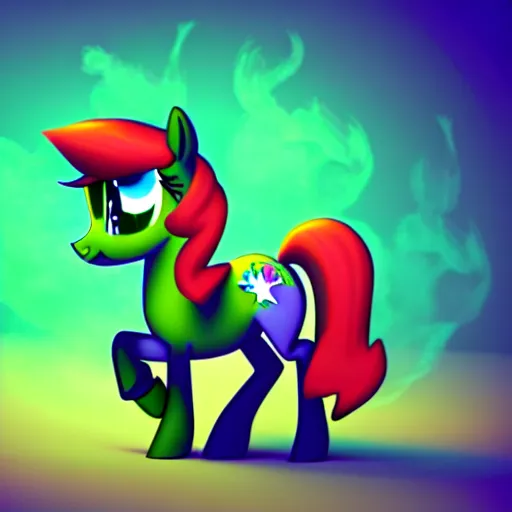 Image similar to stoner pony from my little pony, marijuana themed, art, smoke everywhere, colorful, 3 d, render, blender 3 d, soft lighting, floaty, surrounded by smoke clouds spiraling around