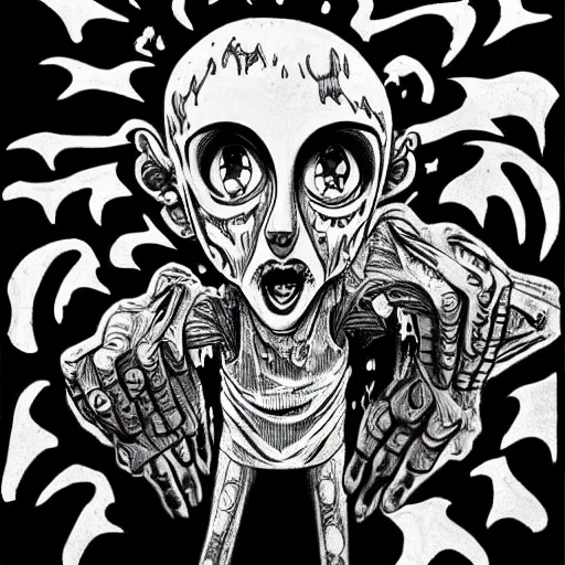 Image similar to black and white trippy comic art of a painful facial expression, hurting & uncomfortable, drawn by Martin Rowson, Tim Burton, Studio Ghibli, Alex Pardee, Nekro Petros Afshar, James McDermott, cgsociety 4K