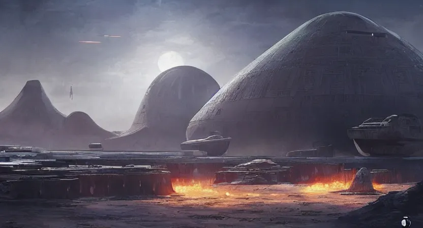 Image similar to the imperial base from Star Wars: Rogue One on Scarif placed on a volcanic planet concept art by Doug Chiang, cinematic,