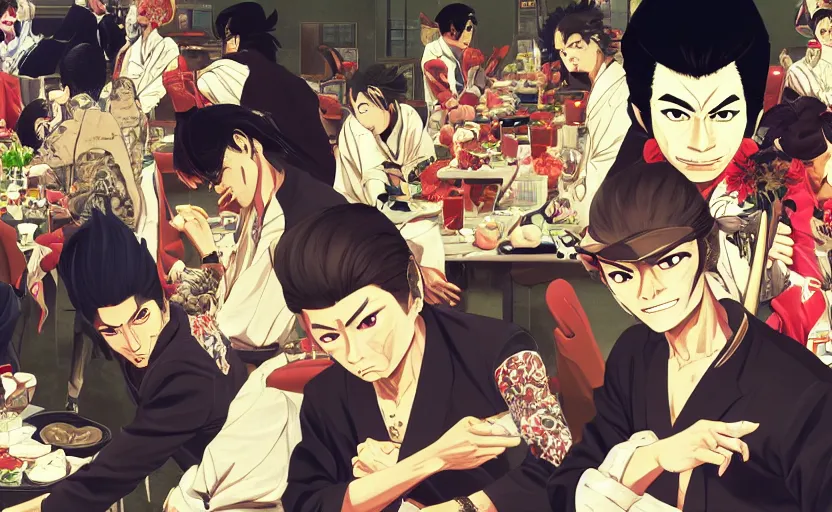 Image similar to a gang of yakuza eating sushi, digital painting masterpiece, advanced lighting technology, stylized yet realistic anatomy and face, gorgeous, by reiq and jamie hewlett and bengus and akiman and shigenori soejima and bastien vives and balak and michael sanlaville, 4 k wallpaper, cinematic, gorgeous brush strokes