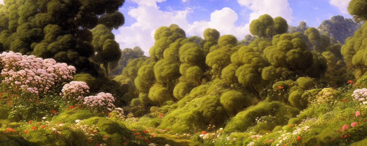 Prompt: ghibli illustrated background of a flowery valley by eugene von guerard, ivan shishkin, john singer sargent, 4 k