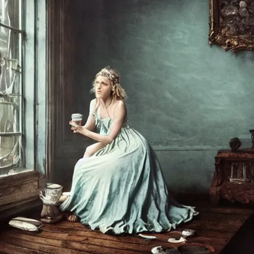 Image similar to A 18th century, messy, silver haired, (((mad))) elf princess (Kate Winslet), dressed in a ((ragged)), wedding dress, is ((drinking a cup of tea)). Everything is underwater and floating. Greenish blue tones, theatrical, (((underwater lights))), high contrasts, fantasyconcept art, inspired by John Everett Millais's Ophelia