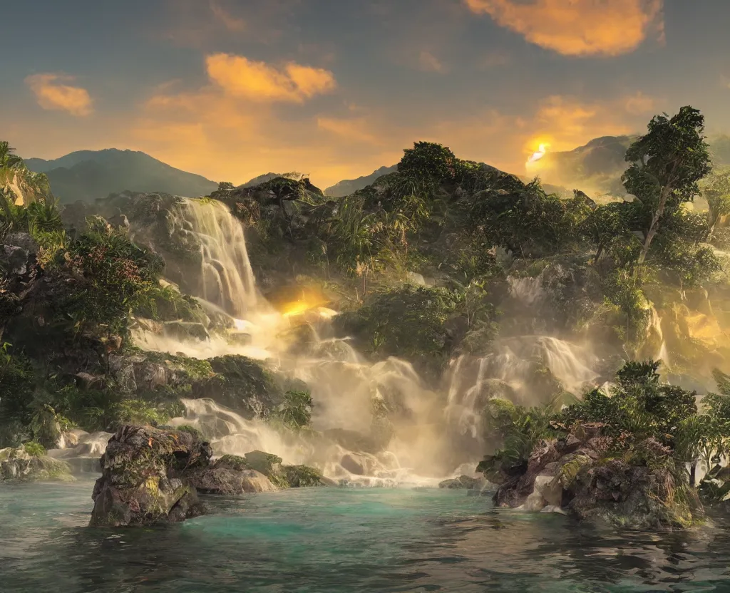 Image similar to a low-poly render of a big purple hand holding the orange setting sun on the ocean horizon. a green tinted transparent beckoning lady in front of a waterfall. a cream colored abandoned building featuring two statues and pitch black periphery. a prehistoric jungle scene with a mountain in the background.